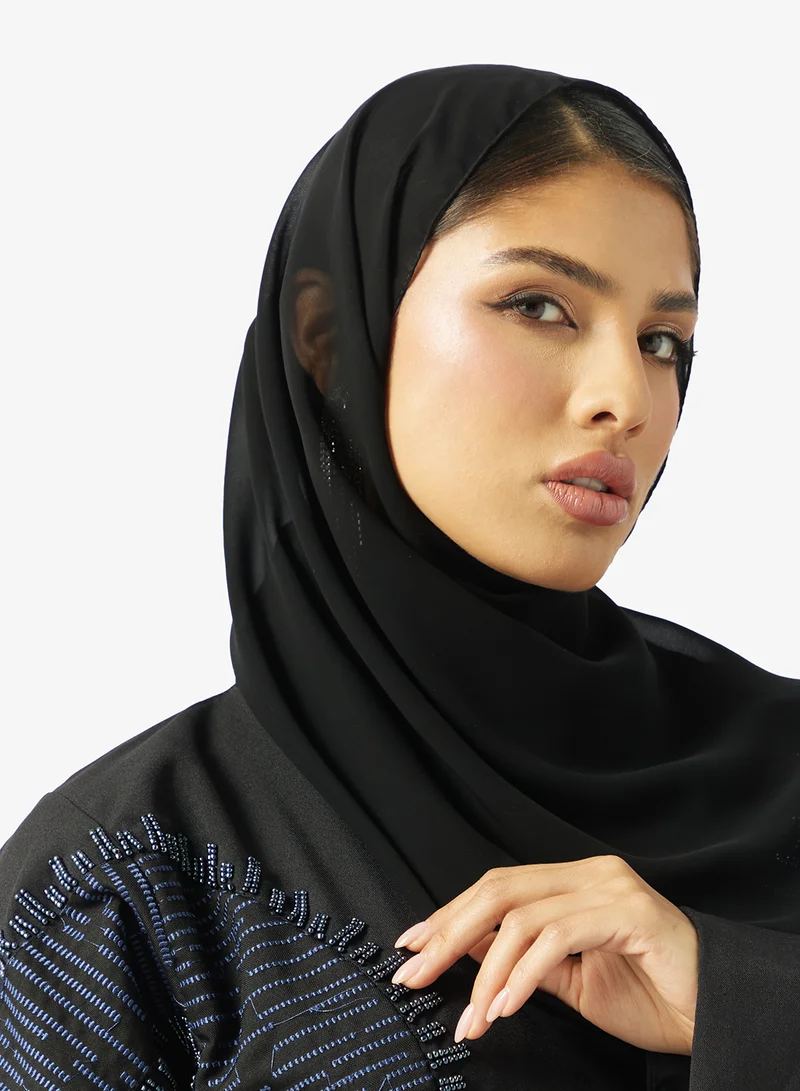 hayas closet  Floral Embroidered And Embellished Open Front Round Neck Abaya for Women | Best Price UAE